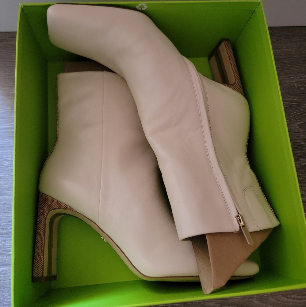 NWB Sam Edelman Womens Anika Ivory Leather Square Toe Mid-Calf Boots Shoes